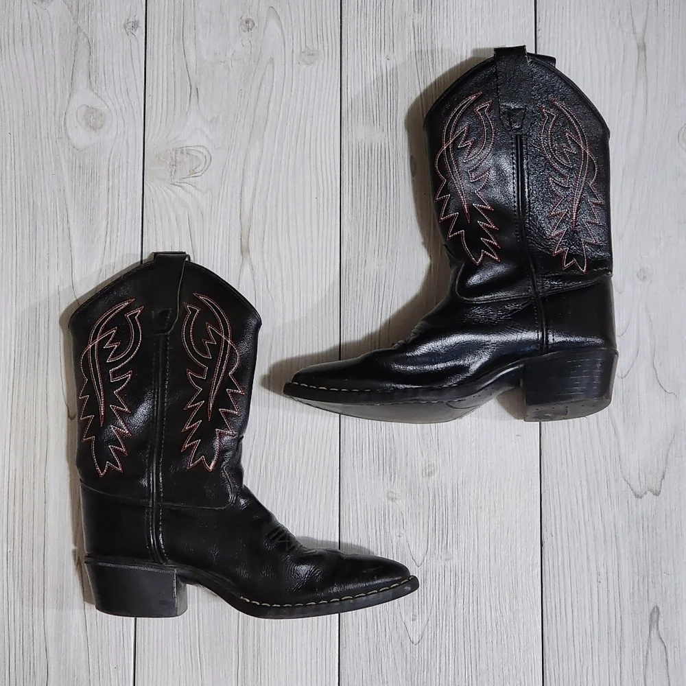 Black Western Cowboy Boots with Red Stitching Kids Size 3
